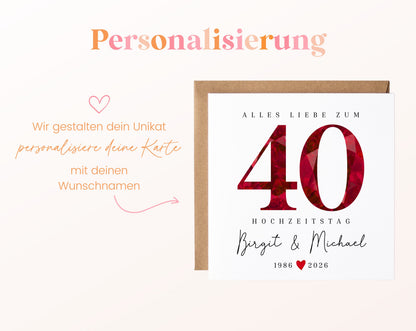Rubinhochzeit Karte - facettierte Rubinzahl 40 - personalisiert