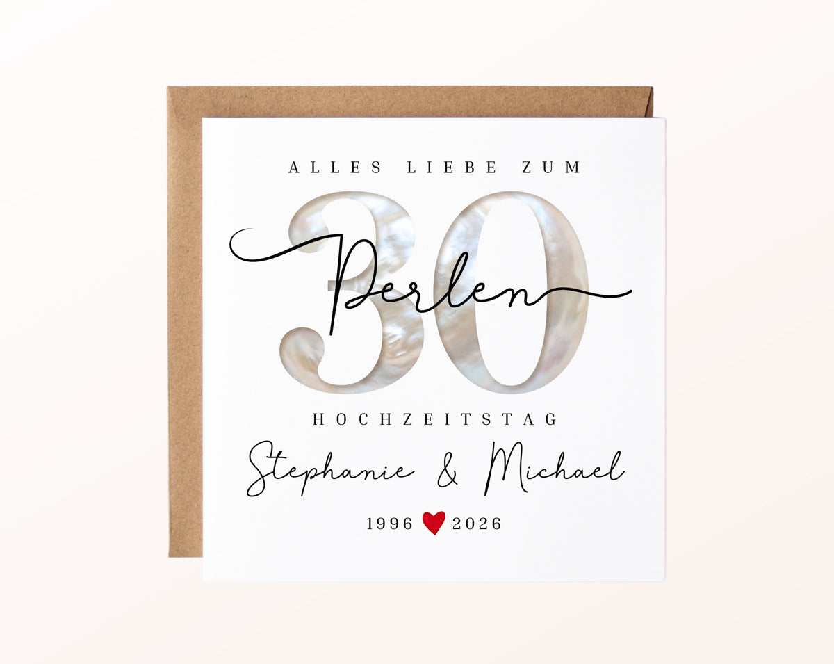 Perlenhochzeit Karte - Perlenzahl 30 - personalisiert