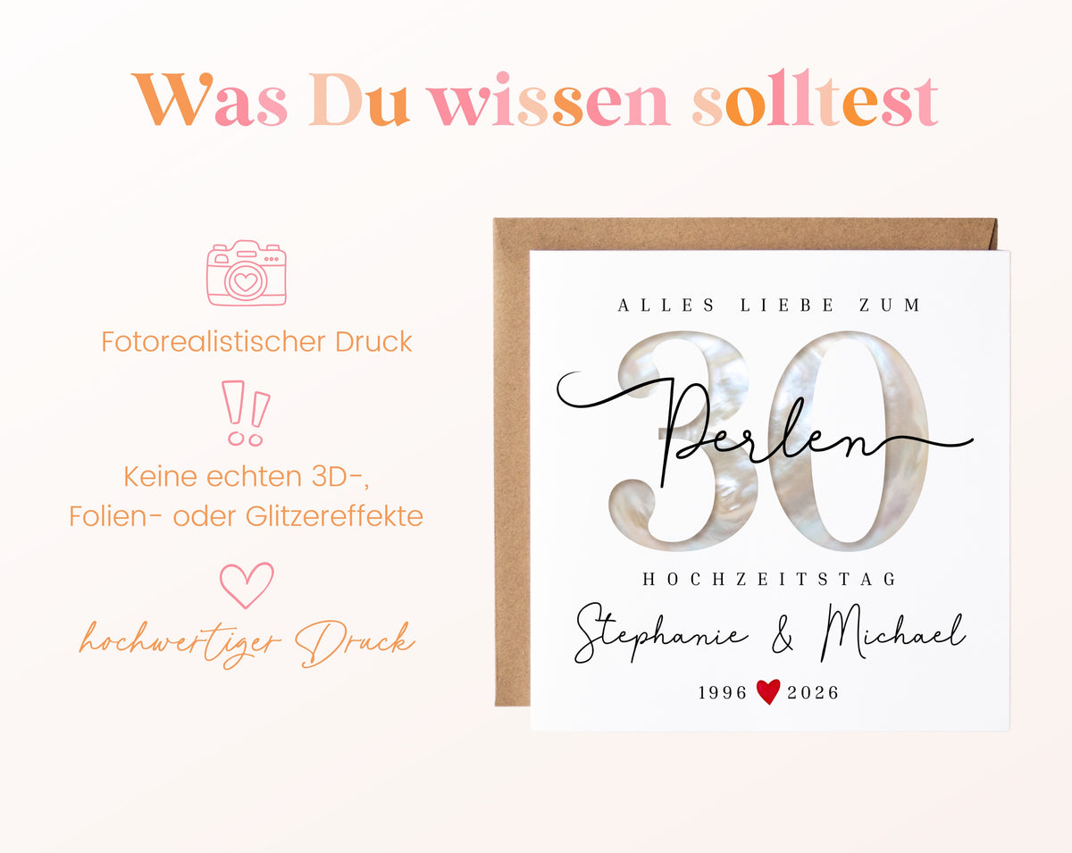 Perlenhochzeit Karte - Perlenzahl 30 - personalisiert