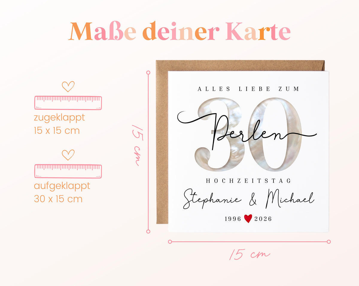 Perlenhochzeit Karte - Perlenzahl 30 - personalisiert