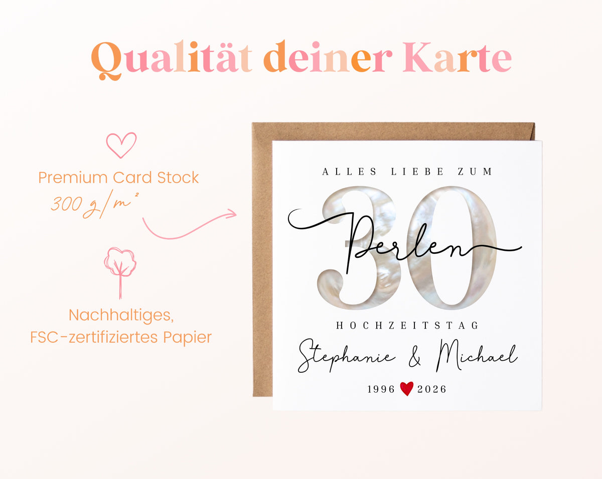 Perlenhochzeit Karte - Perlenzahl 30 - personalisiert