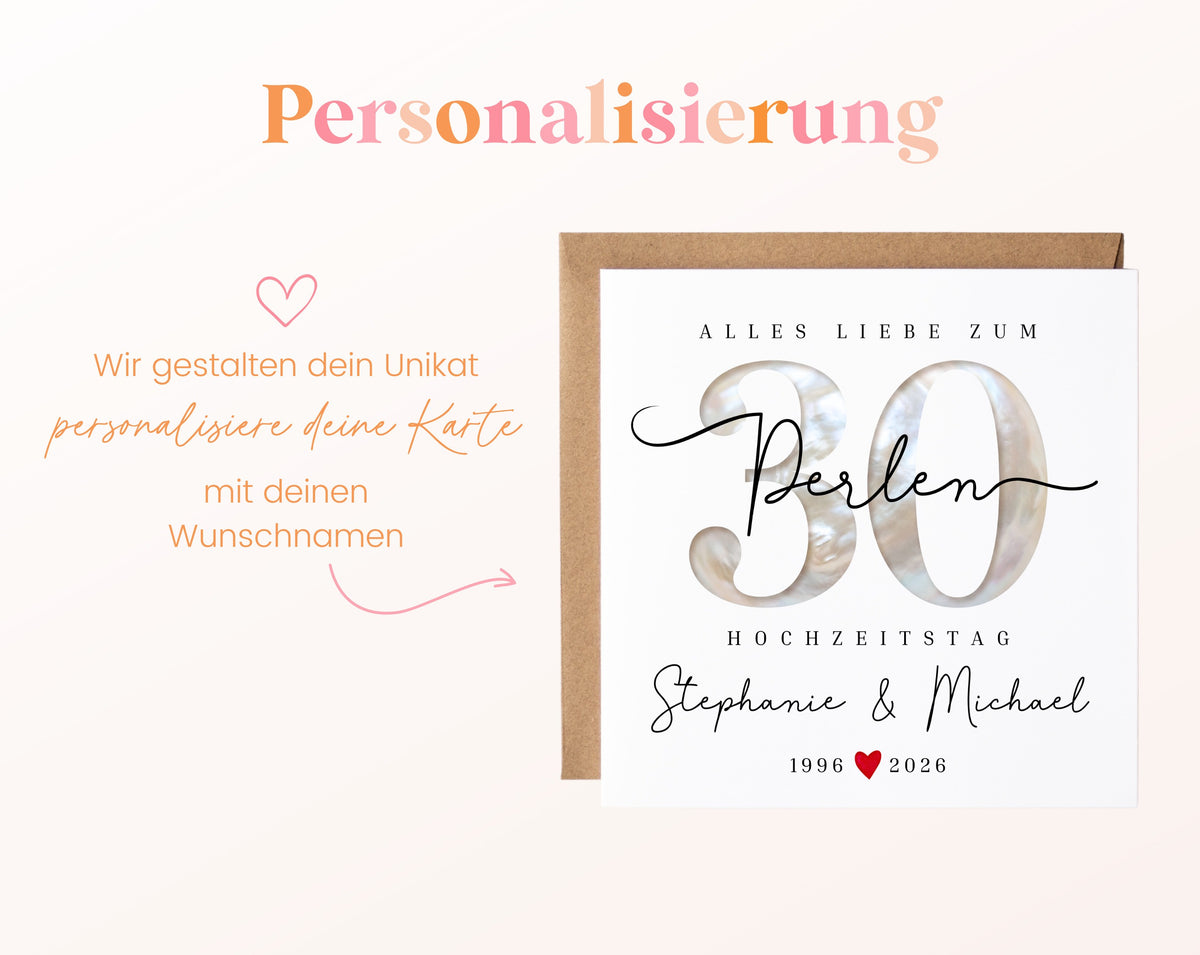 Perlenhochzeit Karte - Perlenzahl 30 - personalisiert