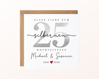 Silberhochzeit Karte - Zahl 25 mit Schriftzug - personalisiert