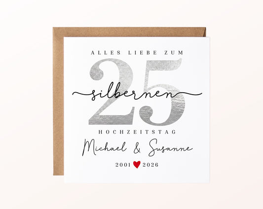Silberhochzeit Karte - Zahl 25 mit Schriftzug - personalisiert