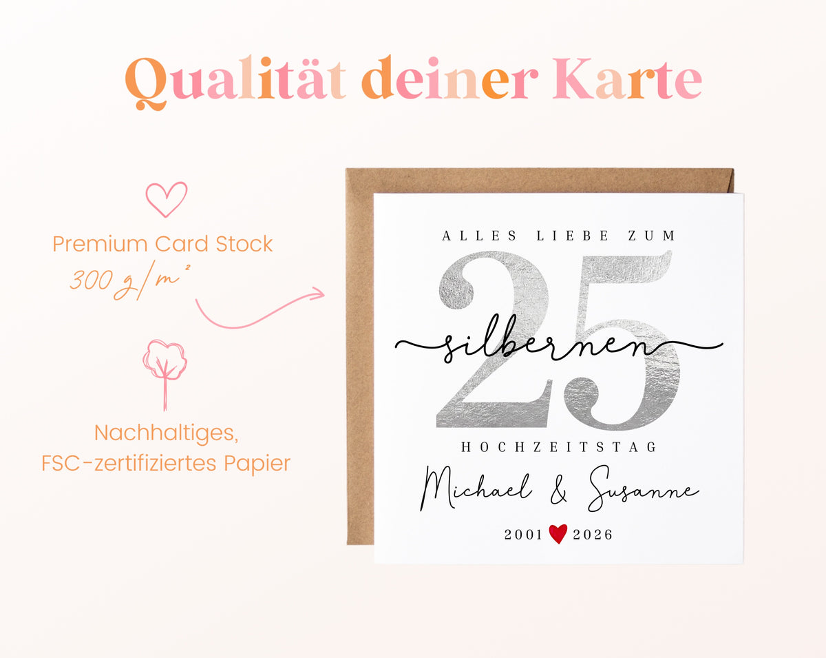 Silberhochzeit Karte - Zahl 25 mit Schriftzug - personalisiert