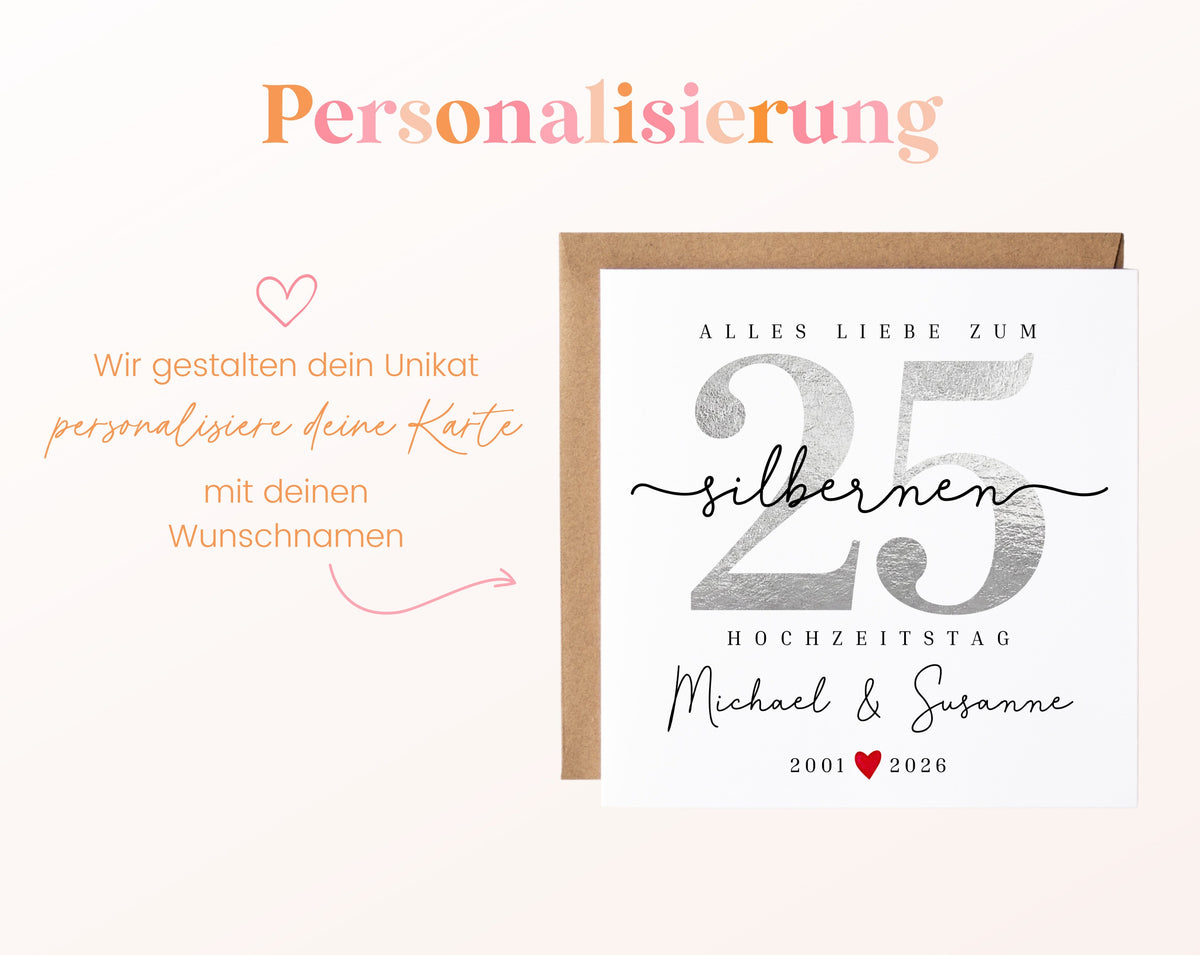 Silberhochzeit Karte - Zahl 25 mit Schriftzug - personalisiert