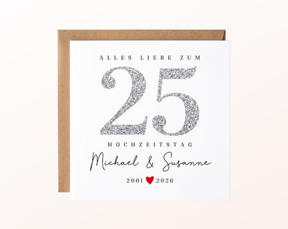 Silberhochzeit Karte - Glitzerzahl 25 - personalisiert