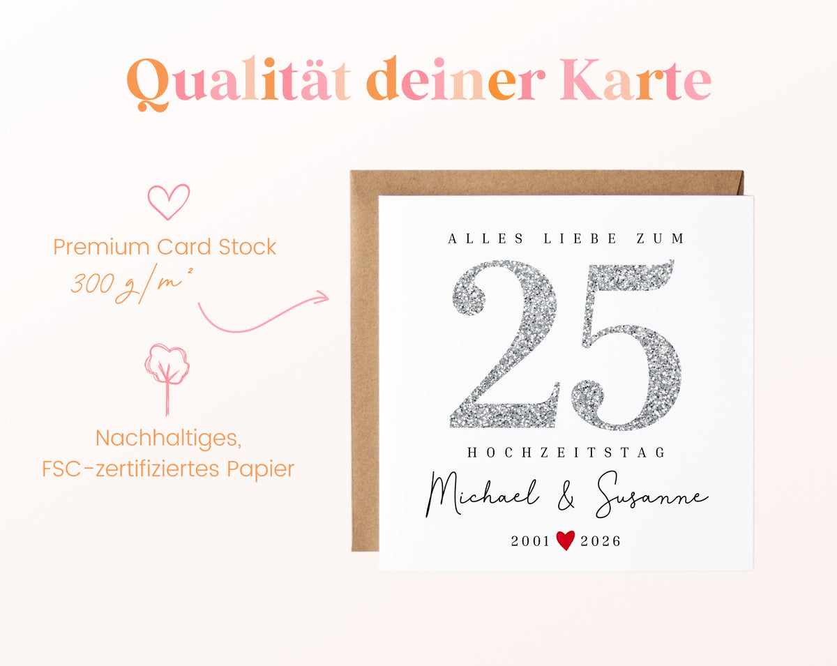 Silberhochzeit Karte - Glitzerzahl 25 - personalisiert