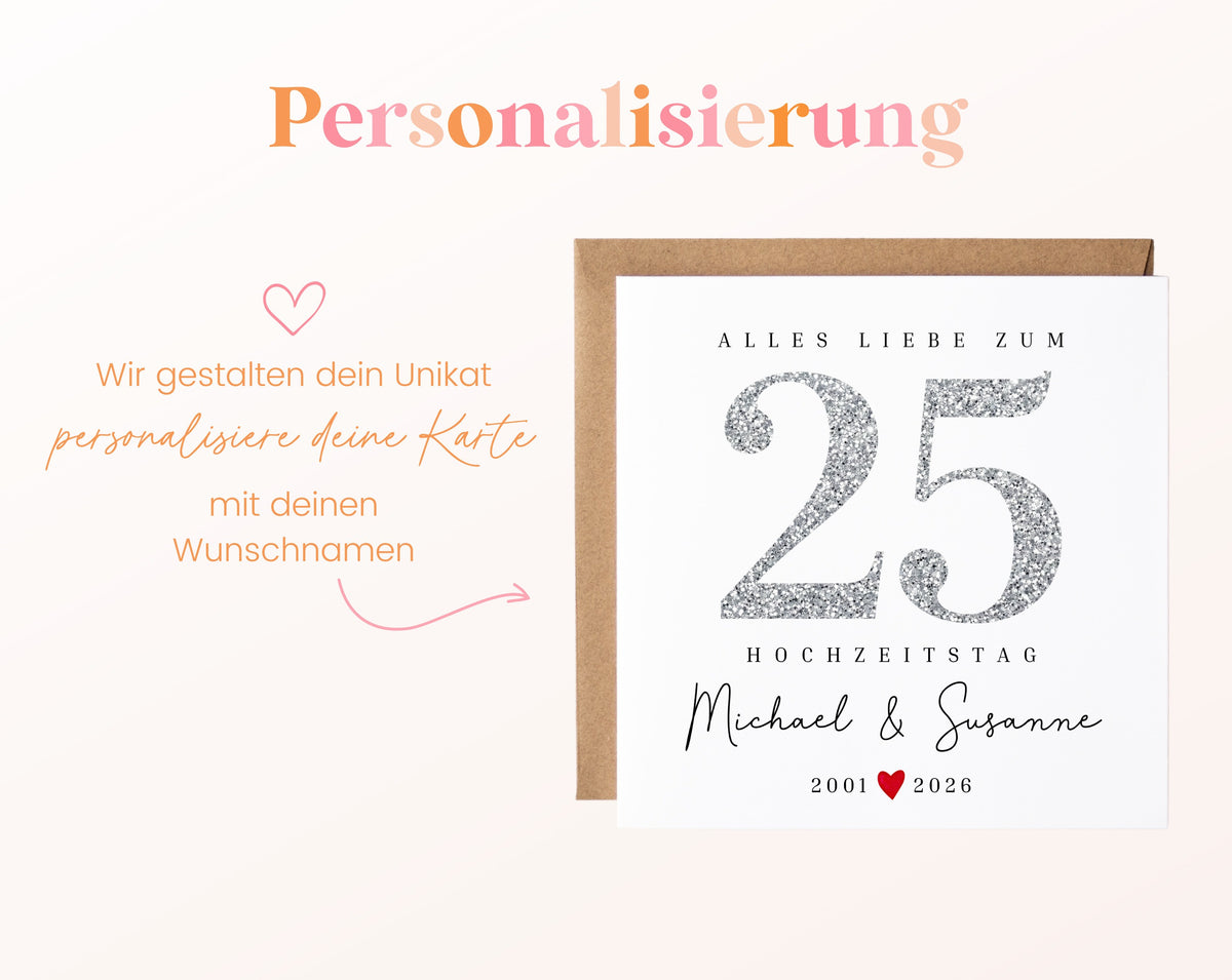 Silberhochzeit Karte - Glitzerzahl 25 - personalisiert