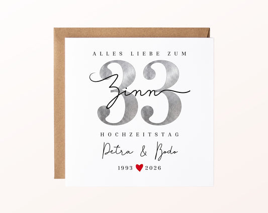 Zinnhochzeit Karte - Zinnzahl 33 - personalisiert