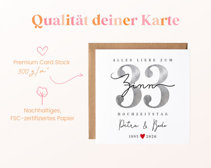 Zinnhochzeit Karte - Zinnzahl 33 - personalisiert