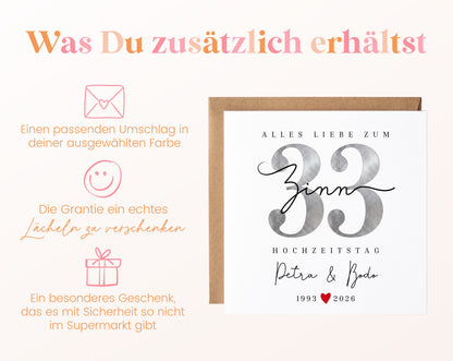 Zinnhochzeit Karte - Zinnzahl 33 - personalisiert