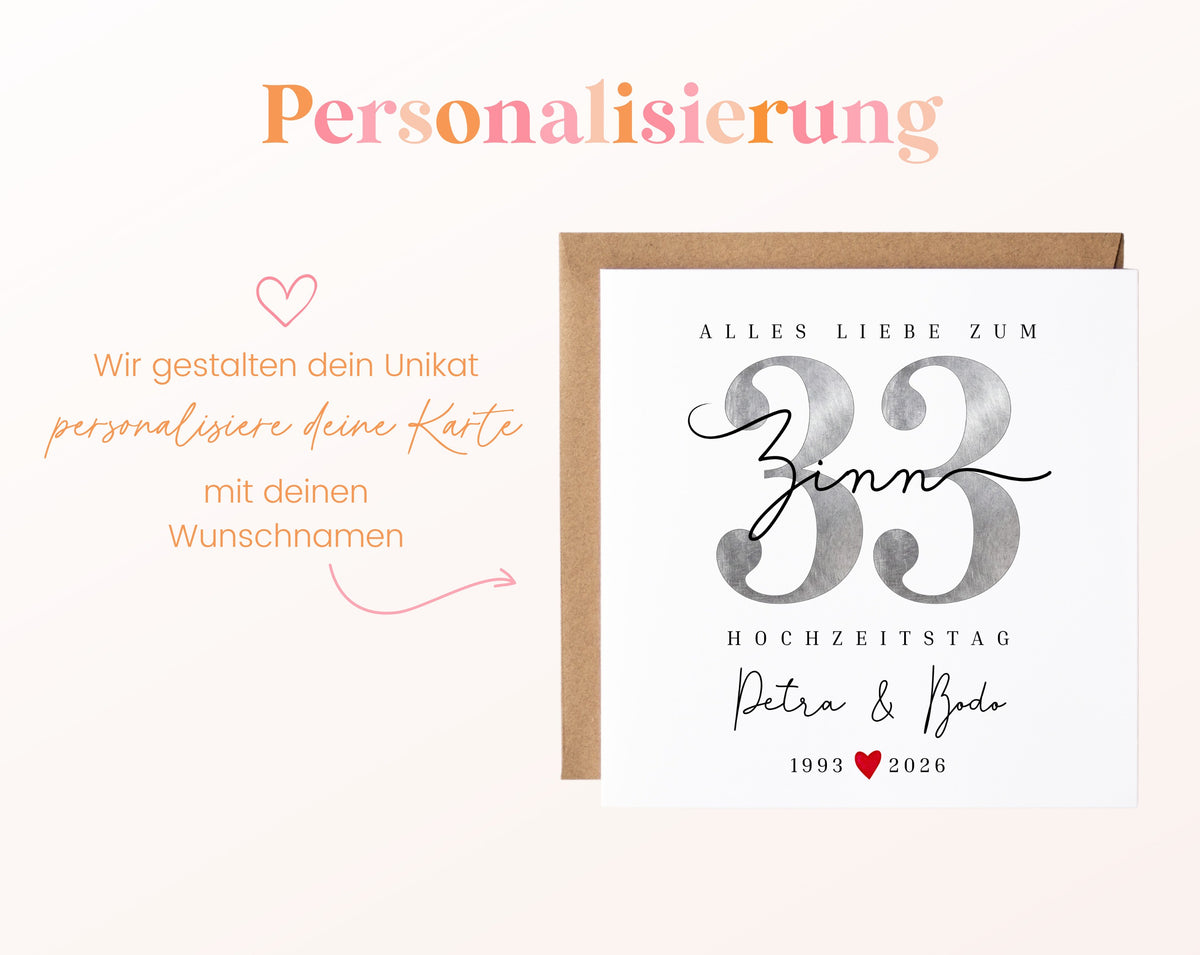Zinnhochzeit Karte - Zinnzahl 33 - personalisiert