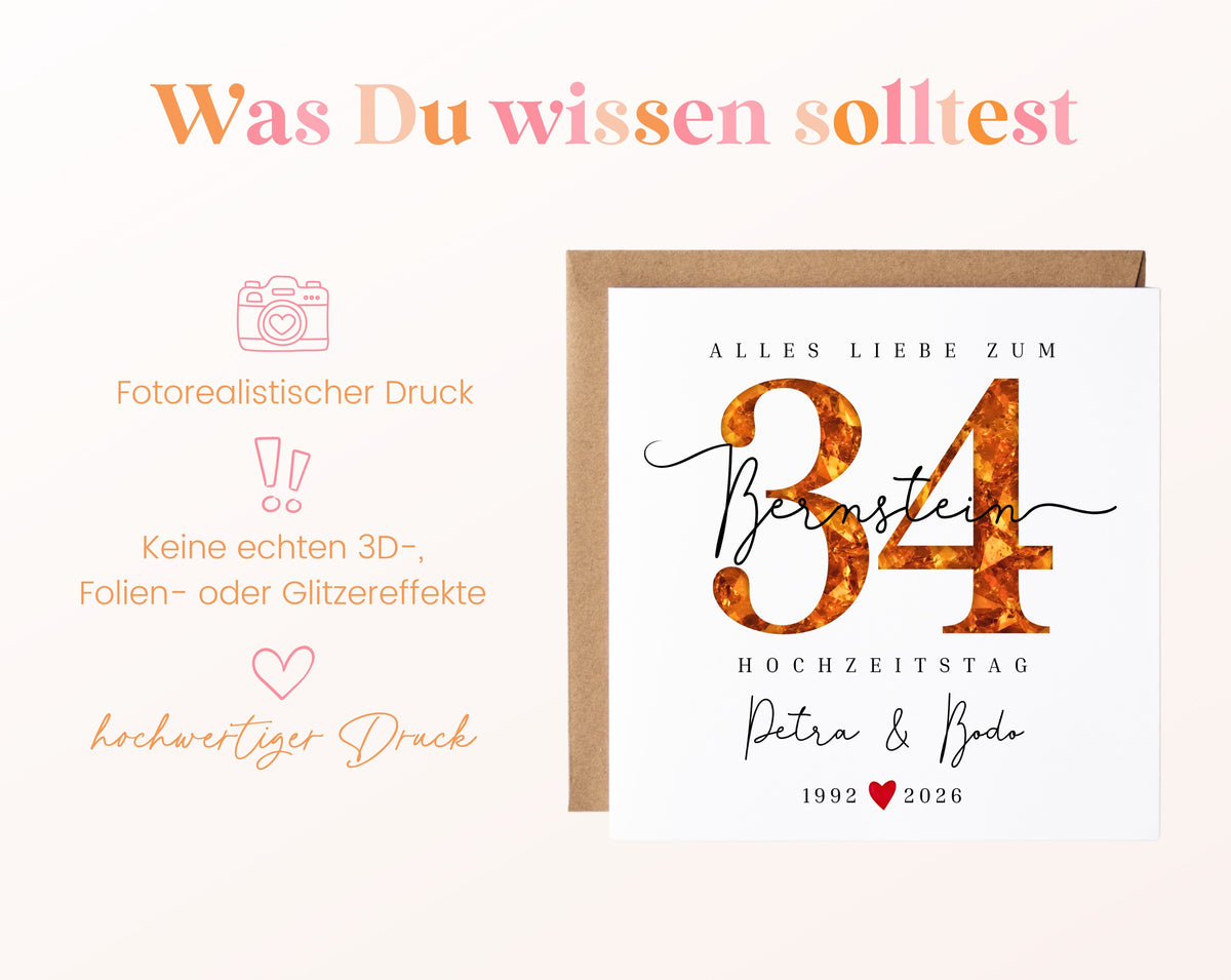 Bernsteinhochzeit Karte - Bernsteinzahl 34 - personalisiert