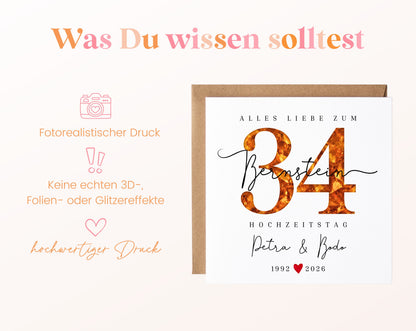 Bernsteinhochzeit Karte - Bernsteinzahl 34 - personalisiert