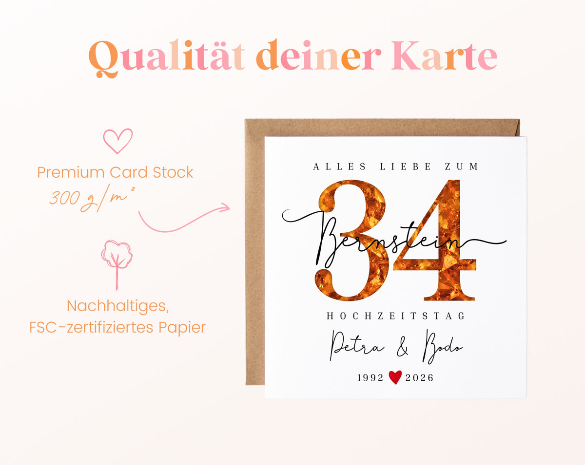 Bernsteinhochzeit Karte - Bernsteinzahl 34 - personalisiert