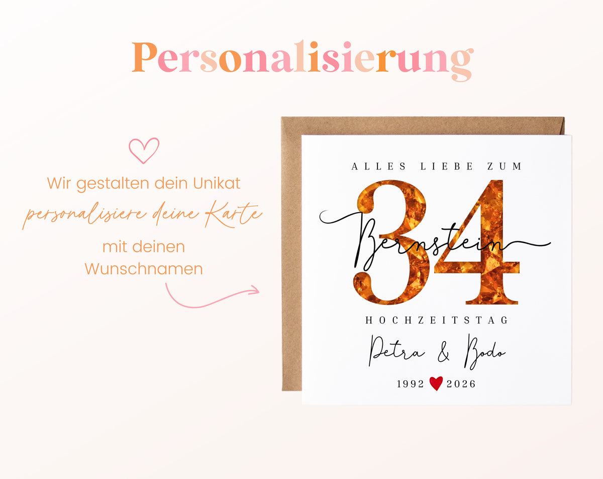 Bernsteinhochzeit Karte - Bernsteinzahl 34 - personalisiert