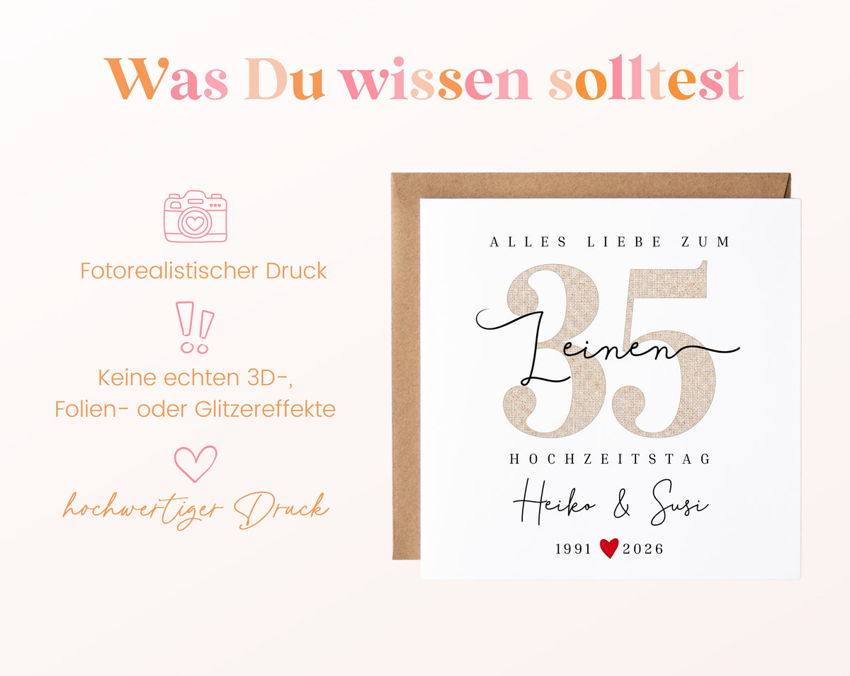 Leinenhochzeit Karte - Leinenzahl 35 - personalisiert