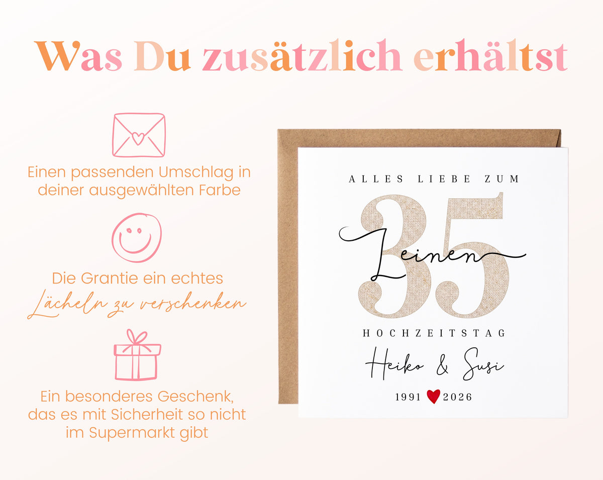 Leinenhochzeit Karte - Leinenzahl 35 - personalisiert