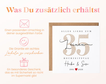 Leinenhochzeit Karte - Leinenzahl 35 - personalisiert