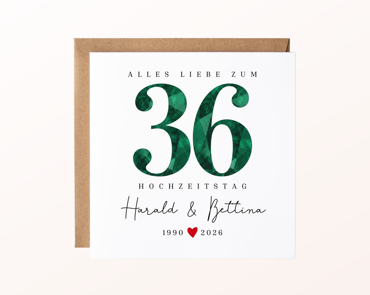 Smaragdhochzeit Karte - facettierte Zahl 36 - personalisiert