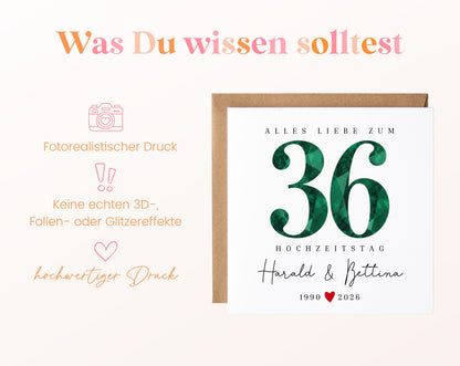 Smaragdhochzeit Karte - facettierte Zahl 36 - personalisiert