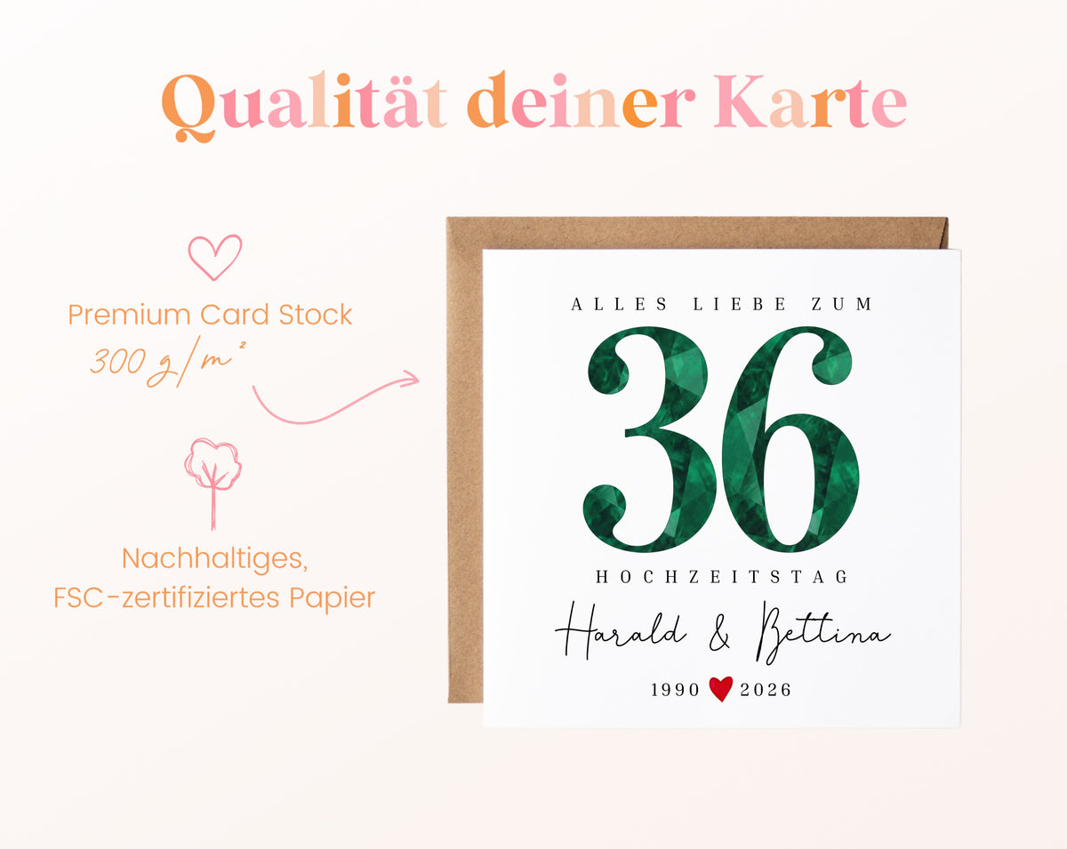 Smaragdhochzeit Karte - facettierte Zahl 36 - personalisiert