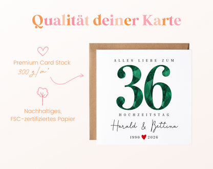 Smaragdhochzeit Karte - facettierte Zahl 36 - personalisiert