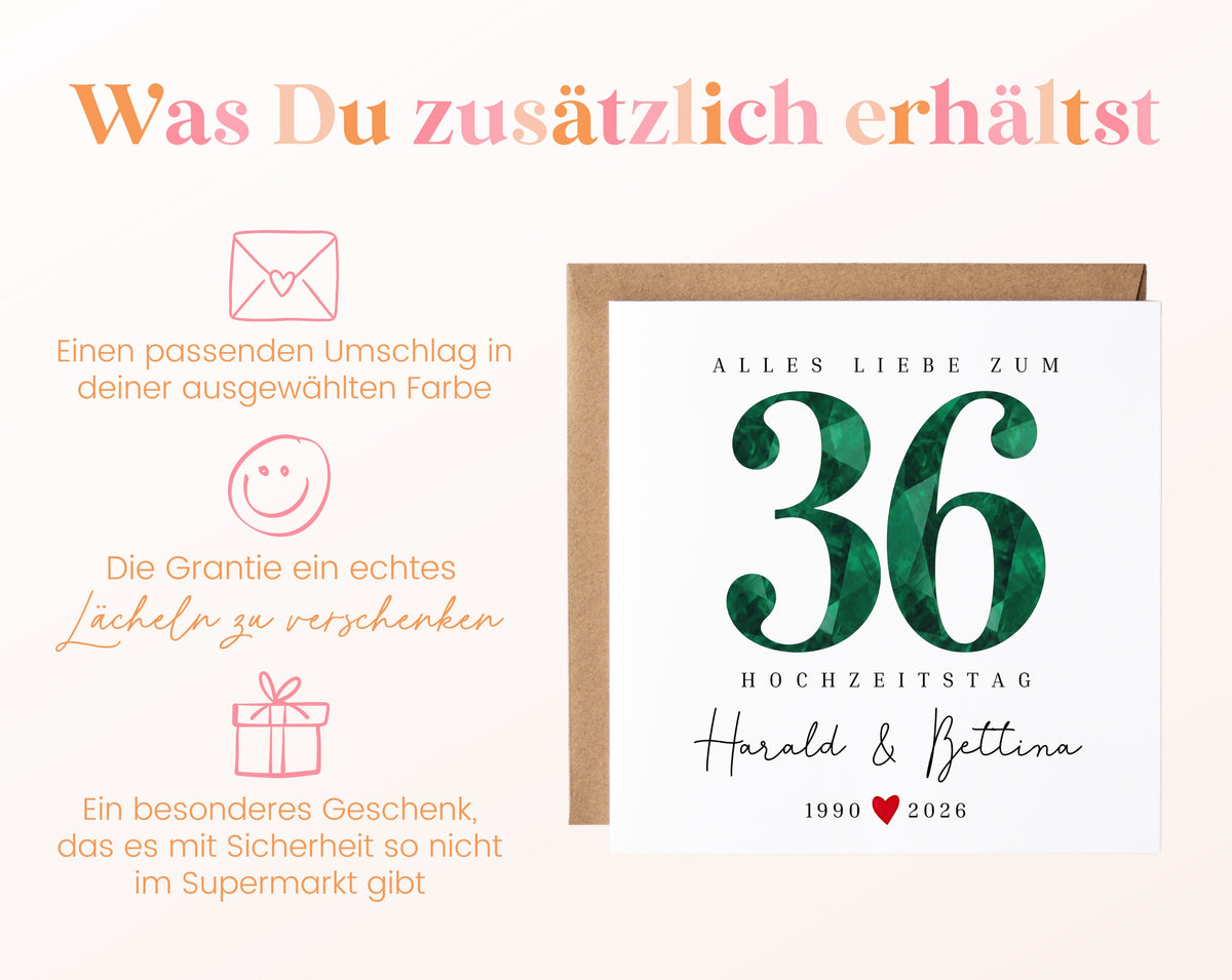 Smaragdhochzeit Karte - facettierte Zahl 36 - personalisiert