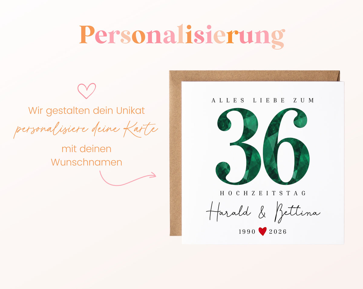 Smaragdhochzeit Karte - facettierte Zahl 36 - personalisiert