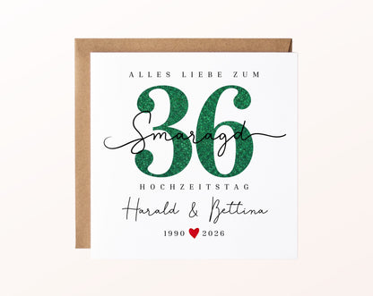Smaragdhochzeit Karte - Glitzerzahl 36 - personalisiert