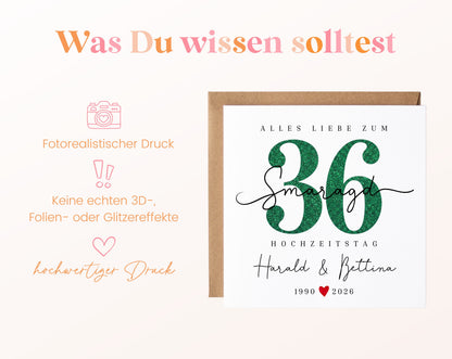 Smaragdhochzeit Karte - Glitzerzahl 36 - personalisiert