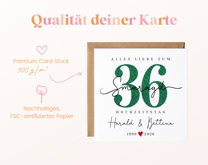 Smaragdhochzeit Karte - Glitzerzahl 36 - personalisiert
