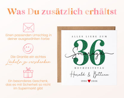 Smaragdhochzeit Karte - Glitzerzahl 36 - personalisiert
