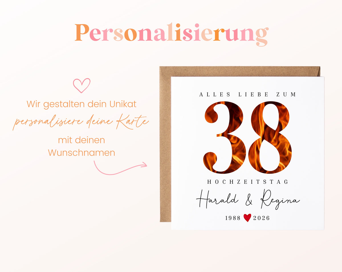 Feuerhochzeit Karte - Flammenzahl 38 - personalisiert