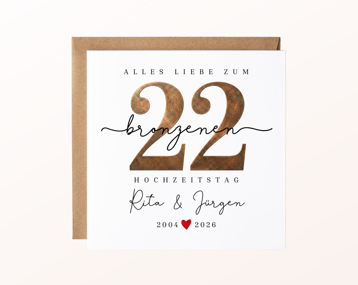Bronzehochzeit Karte - Bronzezahl 22 - personalisiert