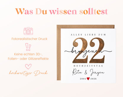 Bronzehochzeit Karte - Bronzezahl 22 - personalisiert