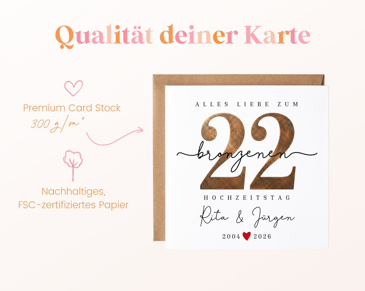 Bronzehochzeit Karte - Bronzezahl 22 - personalisiert