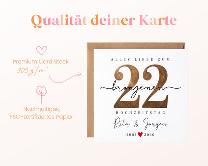 Bronzehochzeit Karte - Bronzezahl 22 - personalisiert