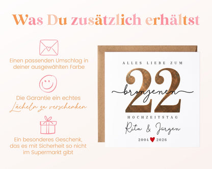 Bronzehochzeit Karte - Bronzezahl 22 - personalisiert