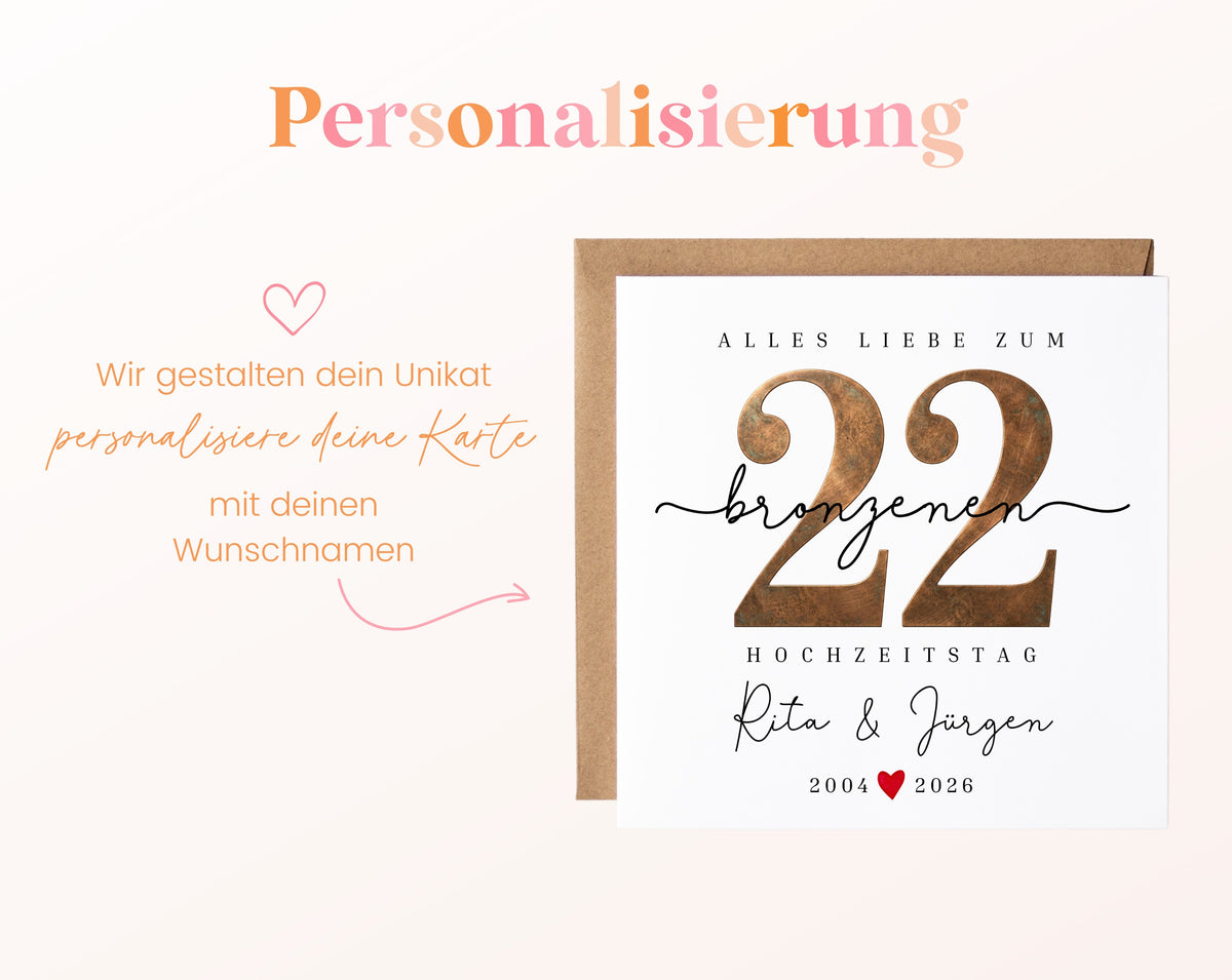 Bronzehochzeit Karte - Bronzezahl 22 - personalisiert