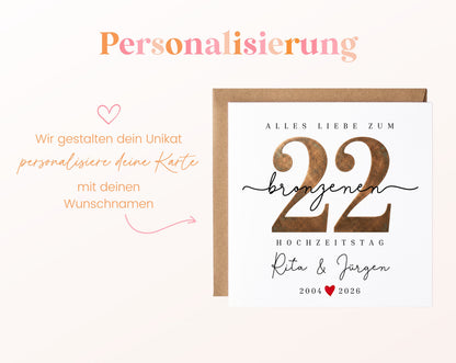 Bronzehochzeit Karte - Bronzezahl 22 - personalisiert