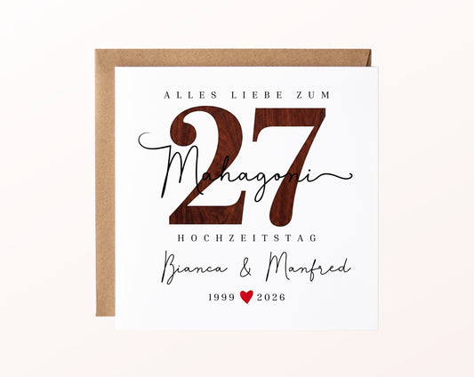 Mahagonihochzeit Karte - Holzzahl 27 - personalisiert