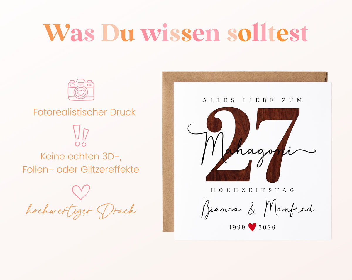 Mahagonihochzeit Karte - Holzzahl 27 - personalisiert