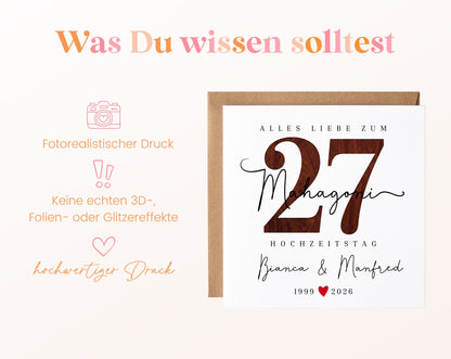 Mahagonihochzeit Karte - Holzzahl 27 - personalisiert