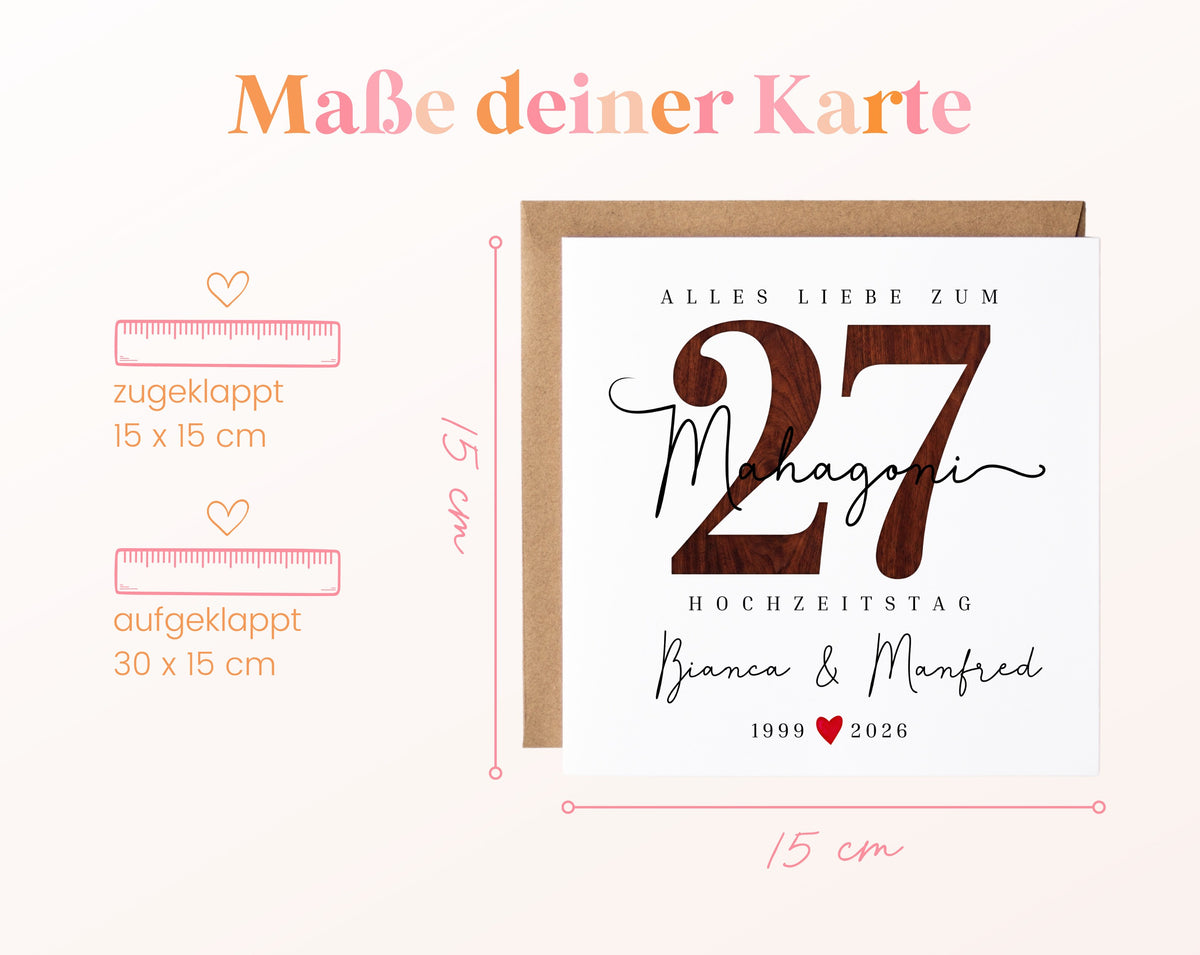 Mahagonihochzeit Karte - Holzzahl 27 - personalisiert