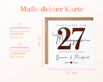 Mahagonihochzeit Karte - Holzzahl 27 - personalisiert