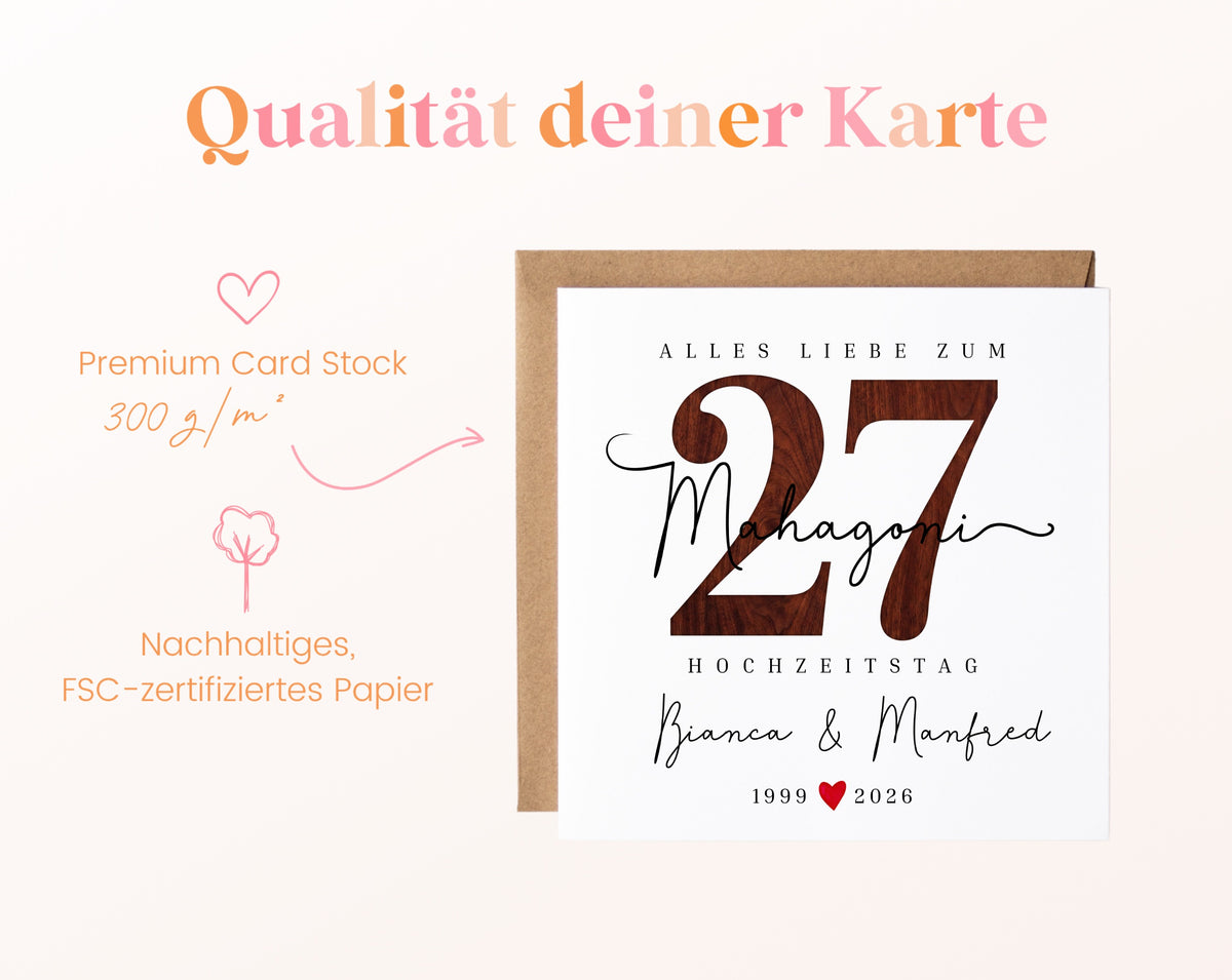 Mahagonihochzeit Karte - Holzzahl 27 - personalisiert