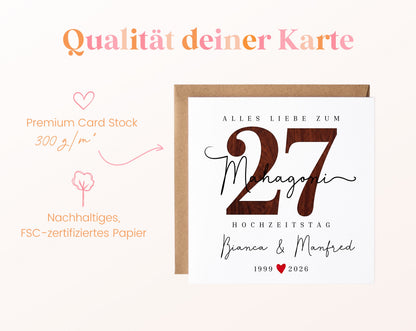Mahagonihochzeit Karte - Holzzahl 27 - personalisiert