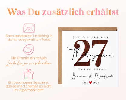 Mahagonihochzeit Karte - Holzzahl 27 - personalisiert